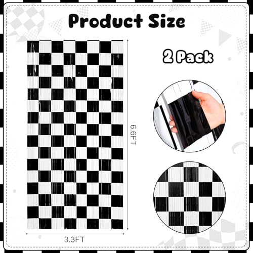 Image of Tiamon 2 Pack Race Car Party Decorations 3.3 x 6.6 Ft Foil Fringe Curtains Backdrop Black and White Checkered Tinsel Streamers Photo Booth for One Happy Dude Birthday Party Supplies