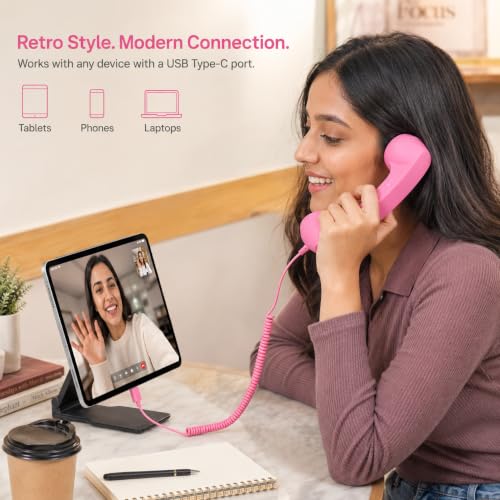 Image of Street27 Retro Phone Handset Compatible with Type-C Smartphones, Tablets & Computers, Corded Telephone Receiver with Noise Reduction, Volume Control & Answer Button for Calls and Meetings (Pink)