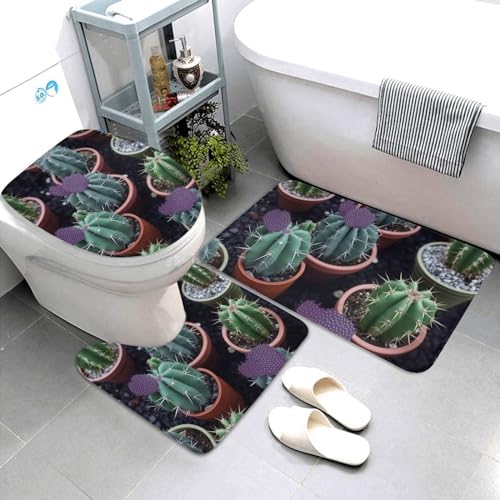 Dwrepo Cactus Succulent Plant Print Bathroom Rug Set 3 Piece with Non-Slip U-Shaped Contour Mat and Toilet Lid Cover for Bathroom Decoration