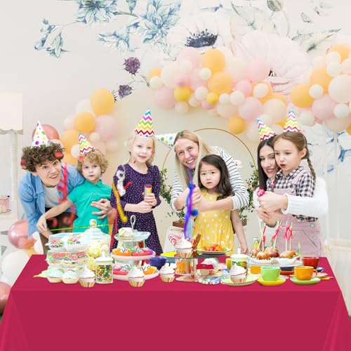 Image of WNINK 2 Pack Bright Red Plastic Tablecloth Disposable Table Covers 54 inch x 108 inch Table Cloths for Bridal Shower Engagement Wedding Birthday Picnic Parties