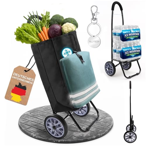 Allyson® Einkaufstrolley klappbar mit Reflektoren & Kühltasche, Einkaufswagen 45L Kapazität, Wetterfester Shopping Trolley, Treppensteiger Trolley mit Geräuschlosen Rädern & Abnehmbarer Tasche - Grün