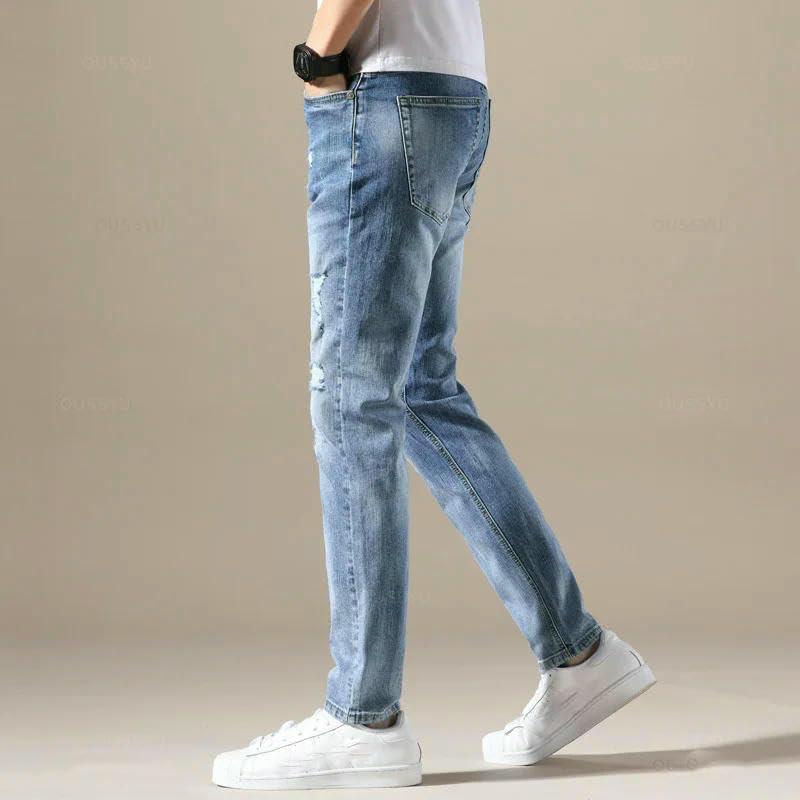 Mens Jeans Slim Fit Skinny Denim Jeans Elastic Ripped Hole Pants Blue Stretch Trousers for Men2
