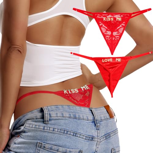 Image of Sexy Underwear for Women, 2 Pack Thong Panties - Lace & Silk G-String Sexy Underwear with Fun Lettering, Adjustable Gifts Set