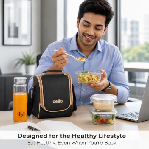 Image of CELLO All In One Glass Lunch Box with Bag for Office Use, Black | 2 x 320ml Square, 1 x 240ml Round, 130ml Plastic Containers, Spoon & Fork with 550ml Glass Bottle Leak Proof Tiffin Box Set for Travel
