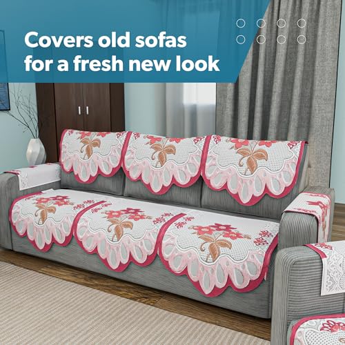 Image of Kuber Industries (Set of 16) Stylish & Durable Cotton Sofa Covers 5 Seater with Arms | Washable Sofa Protector & Slipcover for Living Room & Office | Painting Design-White & Pink