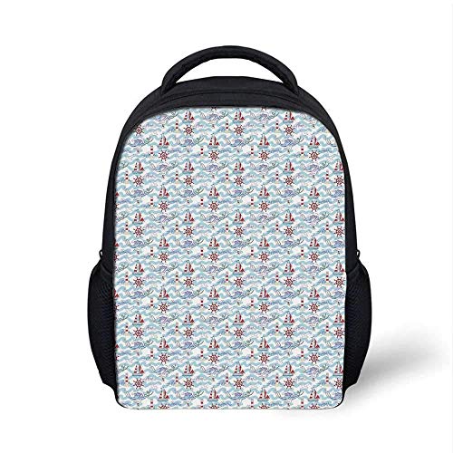 Kids School Backpack Lighthouse Stylish,Wavy Stripes Ocean Ship Steering Wheel Message in a Bottle Seagulls for School Travel,9.4" L x 3.5" W x 12.2" H