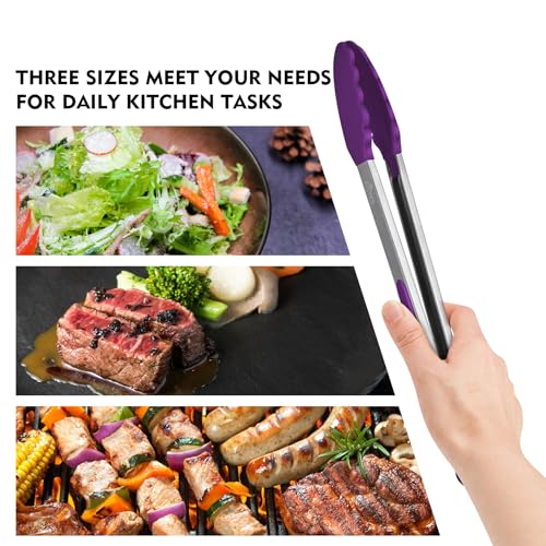 Image of HOTEC Stainless Steel Kitchen Tongs with Silicone Tips, Set of 3-7 inch,9 inch &12 inch
