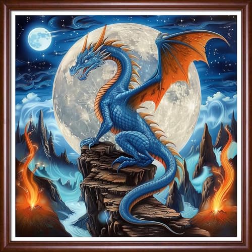Image of Findvoor Stamped Cross Stitch Kits for Beginner Embroidery Kits for Beginners Adults DIY 11CT Cross Stitch Patterns Needlepoint Kits Crossstitching Kits-Colorful Dragon Moon 18x18 inch