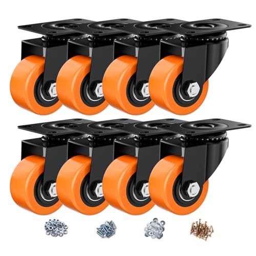 Image of 2.5 Inch Caster Wheels, Casters Set of 8 Heavy Duty, Orange Polyurethane (PU) Casters, Industrial Swivel Top Plate Castor Wheels for Workbench /Furniture /Cart (Pack of 8)