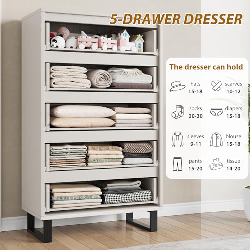 GarveeHome 5 Dresser for Bedroom, 50" Tall Dresser, Freestanding Vertical Drawer with Storage, Wooden Closet Chest Storage for Living Room, Hallway, Entryway, White