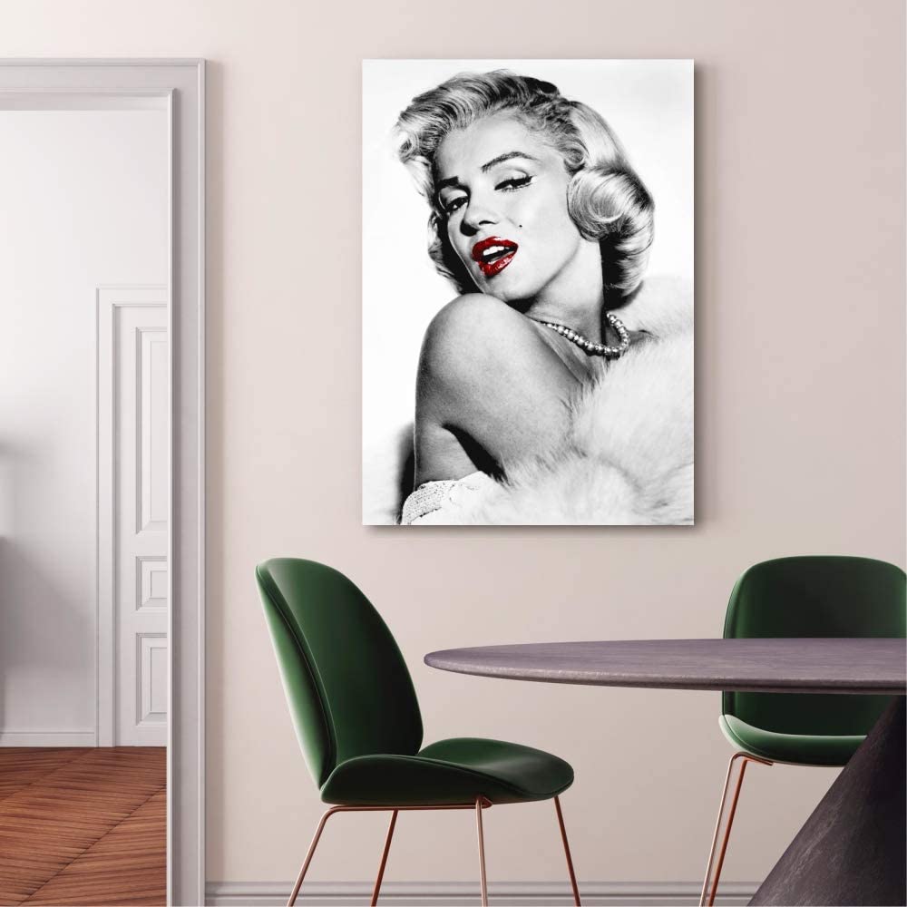 Quadri L&C ITALIA Marilyn Monroe Labbra Rosse 50 x 70 Quadro Moderno Soggiorno Camera da Letto Cucina Stampa su Tela da Parete Bianco Nero