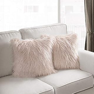 Dricar 2Pcs Luxury Mongolian Faux Fur Throw Pillow Case Cushion Cover, Home Bed Sofa Decorative Cushion Covers 18 x 18in (Beige)