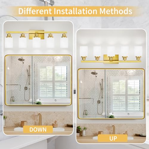 Image of Gold Bathroom Light Fixtures 5-Light Brushed Gold Vanity Light 30in | White Frosted Ribbed Glass Shade Vanity Lighting Fixtures over Mirror Gold Sconces Wall Lighting for Hallway E26 Base