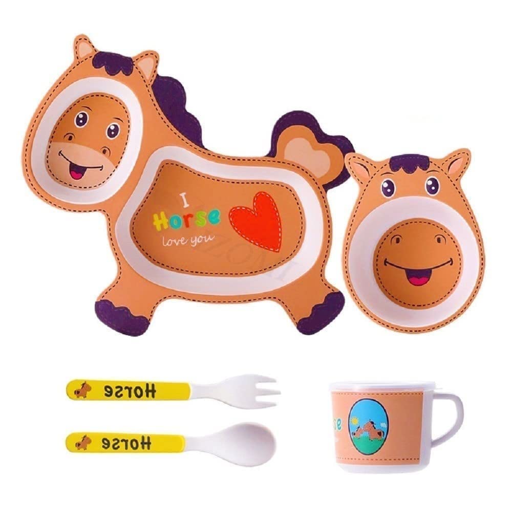 Cartoon Horse Bamboo Fiber Kids Dinnerware Set, 5 Piece | Plate, Bowl & Mug, Spoon and Fork Included, Reusable, Toddler Feeding Set-image-41