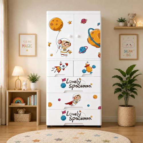 Image of Mevigo 5-Door Plastic Wardrobe for Kids| Almirah and Wardrobe for Baby Clothes| Modular Storage Cabinet with Wheel Organizer for Cupboard Rack for Clothes /Shoes /Books /Toy -White-KT18142