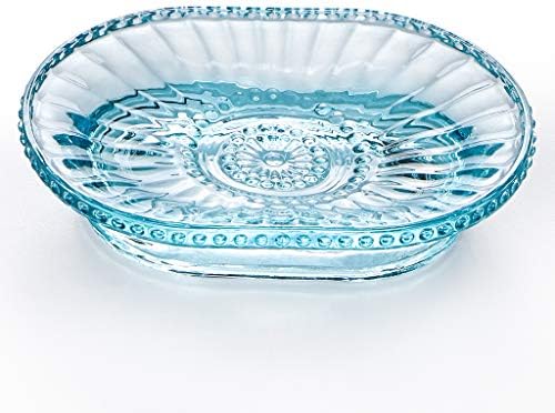 MDLUU 2 Packs Glass Bar Soap Dish, Embossed Bar Soap Holder, Vintage Soap Saver Tray for Shower, Bathroom Sink, Kitchen Sink (Blue)