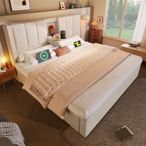 BXEYXE Cama tapizada de 140 x 200 cm, cama doble con soporte oculto para vasos y base de carga, cama hidráulica con espacio de almacenamiento debajo de la cama, incluye somier, lino beige (sin colchón