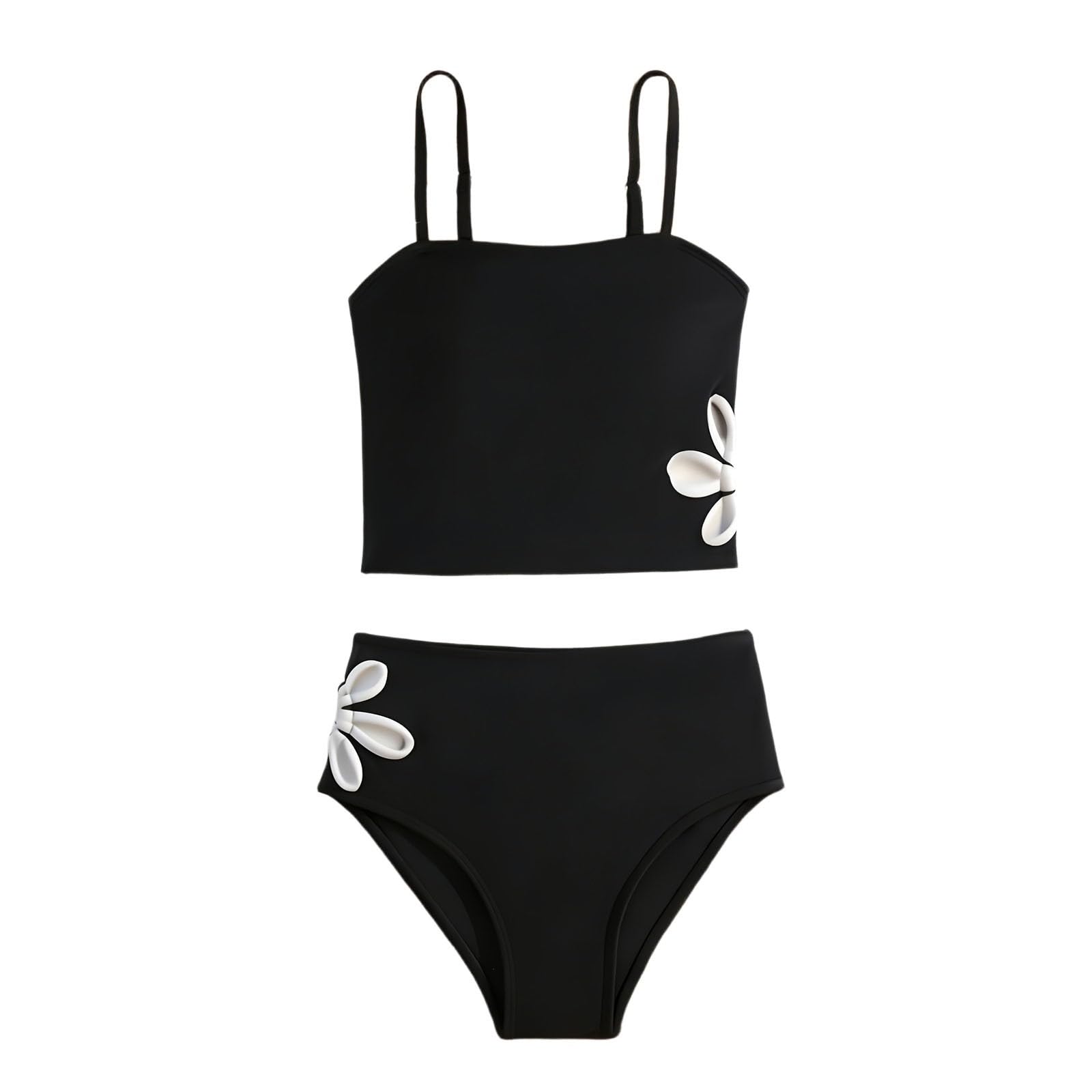 Generisch Traje de baño tankini de dos piezas con estampado floral en el lateral para niñas grandes, traje de baño de verano monocolor