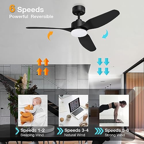 Image of Hoenofly 48 inch Smart Ceiling Fans with LED Lights Remote,Quiet DC Motor,Dimmable,Outdoor Indoor Modern Ceiling Fan Controlled by WIFI Alexa App,3 Black Blades for Bedroom Living Room Patio Porch