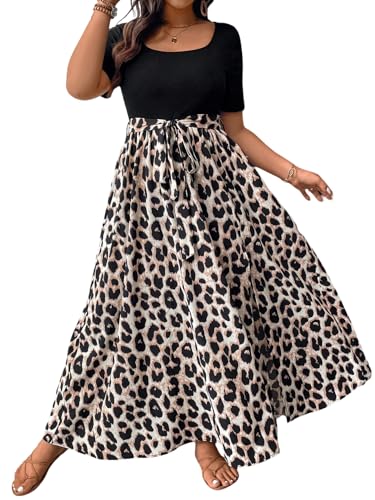 SweatyRocks Damen Kleid Große Größen Leopardenmuster Kleider Langes Sommerkleid Kurzarm Maxikleid Curvy A Linie Damenkleider Boho Casualkleid Leo...