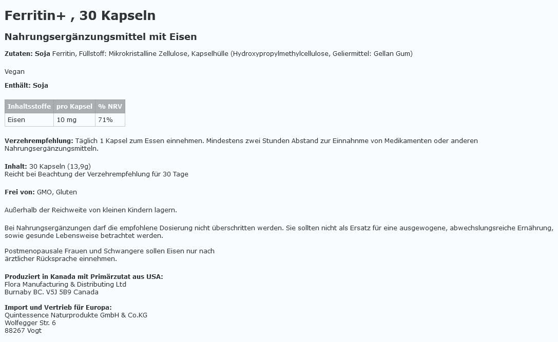 Ferritin+™ Eisen, 30 Kapseln, Sehr gut verträglich und Bioverfügbar, Pflanzenbasiert, Magensaftresistente Kapsel führt zu guter Aufnahme im Darm