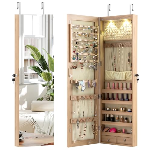 Moccha Wall Door Jewelry Armoire, 47.5" H Full Length Mirrored Jewelry Cabinet with 2 LED Lights and 2 Drawers, Lockable Jewelry Cabinet, Jewelry Organizer Storage for Bedroom (Light Oak)
