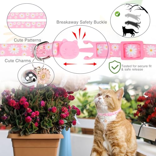 Image of 3 Pack Breakaway Cat Collars with Bell- Daisy Pendant Spring Cat Collar for Girl Boy Cats with Safety Buckle- Cute Kitten Collar Adjustable 8 inch-12 inch for Kitty Puppy Small Pets