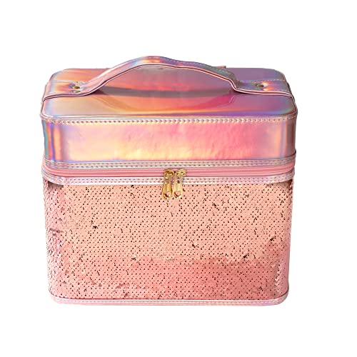 STRIPES Makeup Organizer Bag with Mirror for Travel, Large Vanity Box, Makeup Box Cosmetic Case with 5 Compartments 2 Layer Tray Jewellery for Women Girl (Rose Gold)