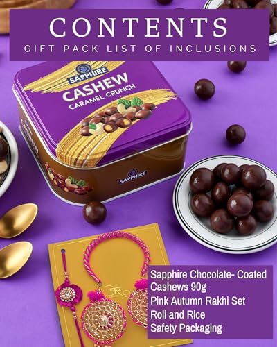 Image of Rakhi for brother and bhabhi with chocolates Sapphire Cashew Caramel Coated 90g Chocolates Gift Pack rakhi combo bhaiya bhabhi with chocolate bhaiya bhabhi rakhi with chocolate