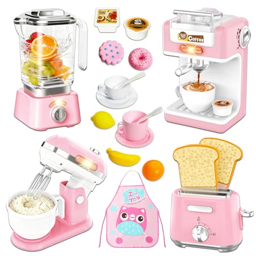 Accesorios Cocina Juguetes con Realista Luz Sonido, Set de Utensilios Cocina Juguete, Cafetera, Licuadora, Batidora, Tostadora, Grembiule y Comida de Juguete, para Niños 3+