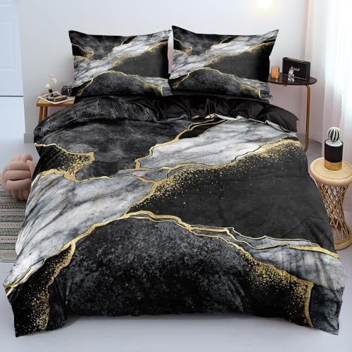 Luowei 3D Bettwäsche 155x220cm Grau Schwarz Gold Marmor Muster Modern Mikrofaser Bettbezug mit Reißverschluss und 2 Kissenbezüge 80x80cm