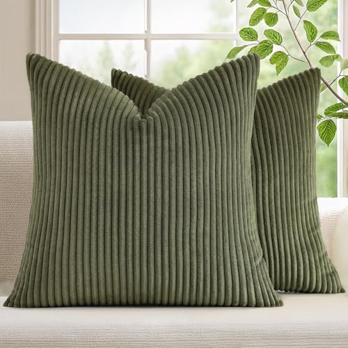 Image of Mecatny Corduroy Fall Decorative Throw Pillow Covers 24x24 Set of 2 for Sofa Living Room, Soft Neutral Boho Couch Pillow Covers for Home Decor, Olive Green