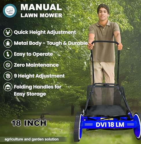 Image of DVI Manual Push Lawn Mower with 40L Premium Grass Catcher | 18-Inch Reel Push Grass Cutter Machine with 9-Position Height Adjustment with 5 Steel Resharpable Blades for Home, Garden and Yard.