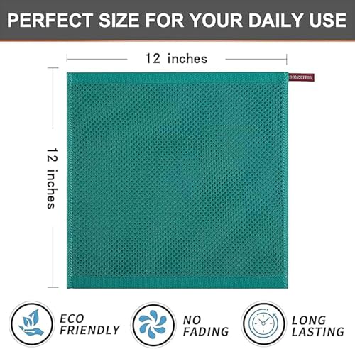 Image of Kitchen Cotton Lint Free Waffle Weave Hand Towels, Quick Drying Dish Cloths, Highly Absorbent Dish Rags Tea Towels Set with Hanging Loop, 13.4 inchx 13.4 inch (Teal Blue, Pack of 6)