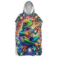 EOSDT Glowing Colorful Frog Cartoon Surf Poncho for Adult Changing Robe Hooded Swimming Towel Lightweight Men Women Poncho with Hood One Size