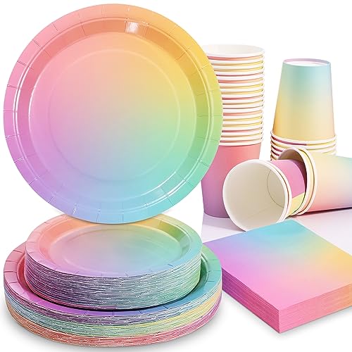 Gudvilla Rainbow Birthday Decorations for Girls Pastel Rainbow Plates and Napkins 200Pcs Girl Birthday Plates and Napkins Easter Mothers Day Hawaiian Luau Colorful Pride Month Serves 50