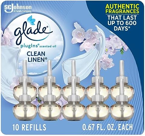 Glade PlugIns Refills Air Freshener, Scented and Essential Oils for Home and Bathroom, Clean Linen, 6.7 Fl Oz, 10 Count (Packaging May Vary)