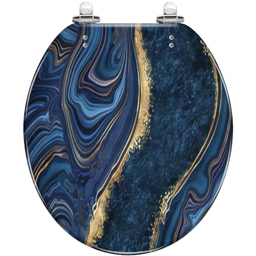 Round Toilet Seat abstract blue marble agate granite golden veins japanese technique Resin Toilet Seat Slow Quiet Close with Quick-Release Hinges Toilet Seat with Cover Easy to Clean Install