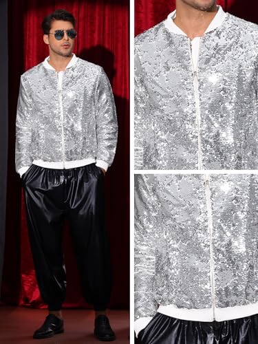 Image of Lars Amadeus Sequin Varsity Jacket for Men's Zipper Party Disco Flip-Sequin Shiny Bomber Jackets