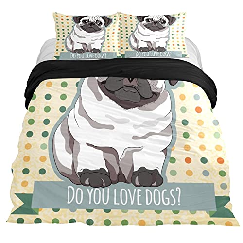Duvet Covers Set Twin Pug Puppy On Dotted - Soft And Breathable Microfiber Comforter Bedding Set With Zipper Closure For Kids Women Men, 1 Duvet Cover 2 Pillowcase #TOP10