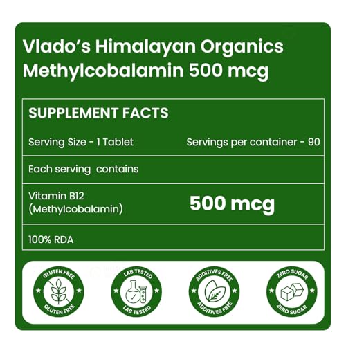 Image of Vlado's Himalayan Organics Vitamin B12 500 MCG Methylcobalamin | 100% RDA Active Form for Memory, Brain, Heart & Immune System Support | Normal Energy Production, High Absorption | 90 Veg Tablets, Pack of 4