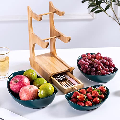 Tmore 3 Tier Fruit Bowl For Kitchen Counter, Ceramic Fruit Basket Set With Drawer For Vegetable Storage, Porcelain Snack Bread Cake Tray Plate Rack For Party Wedding (3 Tier Dark Green) #TOP4