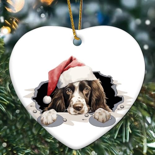 Peeking English Springer Spaniel Weihnachtsschmuck Hund Rasse Hund Kind Tier Herz Porzellan Anhänger Keramik Rustikale Weihnachtskugel Geschenk für Urlaub Weihnachtsbaum Party Dekorationen