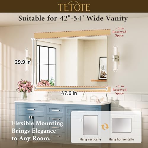 TETOTE Brushed Nickel Mirror 48 x 30 Brushed Nickel Metal Framed Bathroom Mirror, Tempered Glass, Modern Farmhouse Wall Mounted Mirror for Decorative(Horizontal/Vertical) by TETOTE - Used condition - Image 7