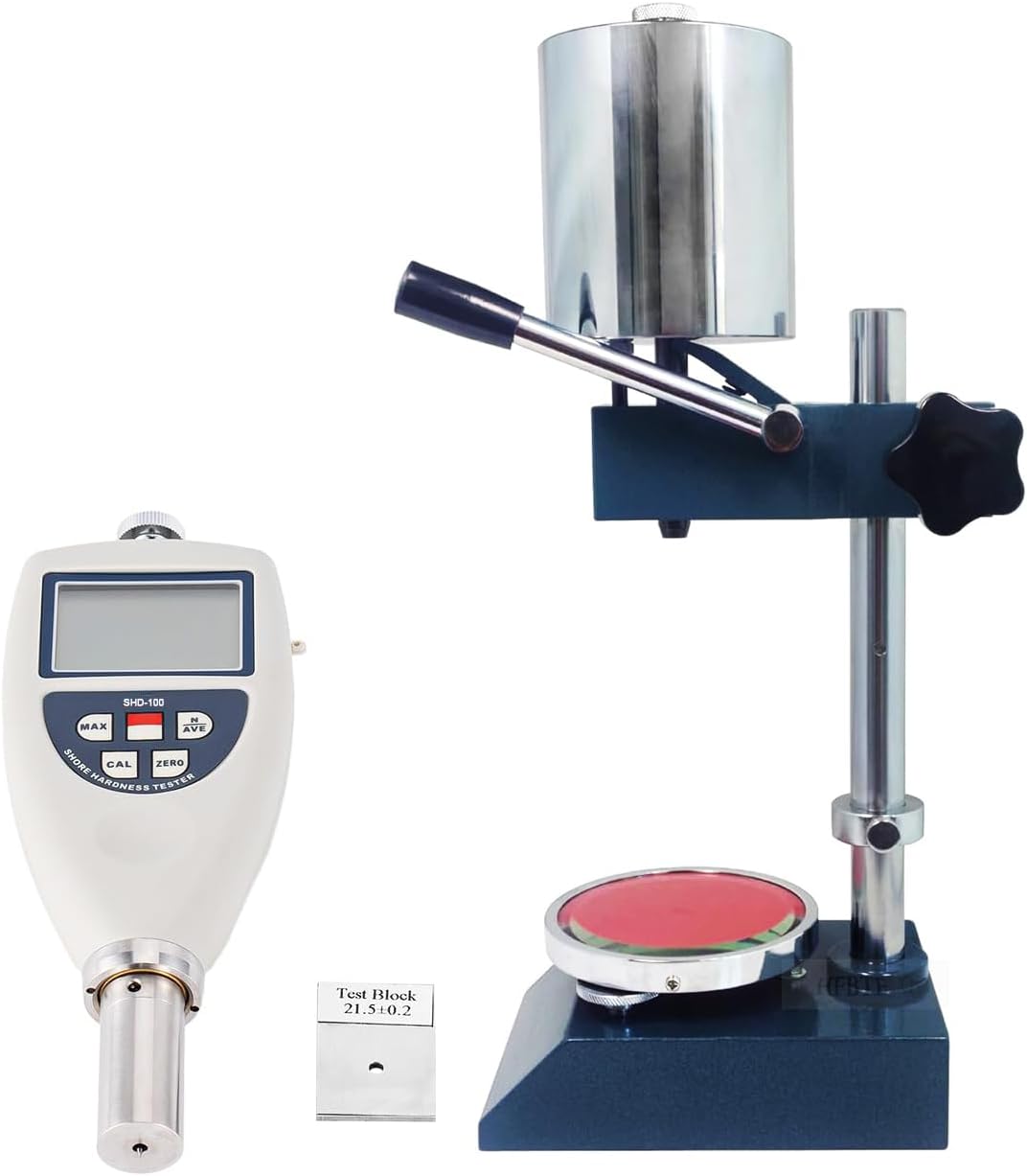 Shore D Hardness Tester with Hardness Test Stand Shore Durometer for Hard Rubber,Thermoplastic Elastomers,Harder Plastics,and Rigid Thermoplastics Measurement Range 10HD~90HD Indenter R 0.1Cone