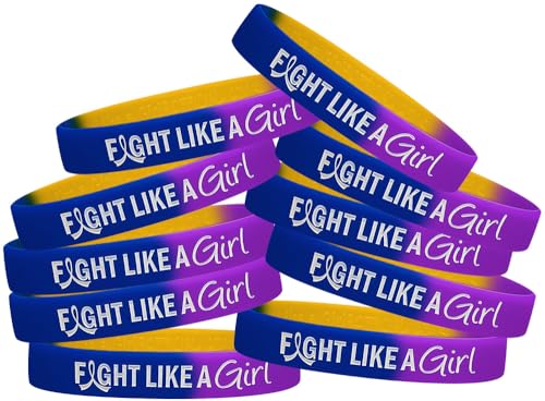 Fight Like a Girl Hybrid Silicone Wristband Bracelet for Bladder Cancer Awareness (10 Pack) - Blue/Purple/Marigold