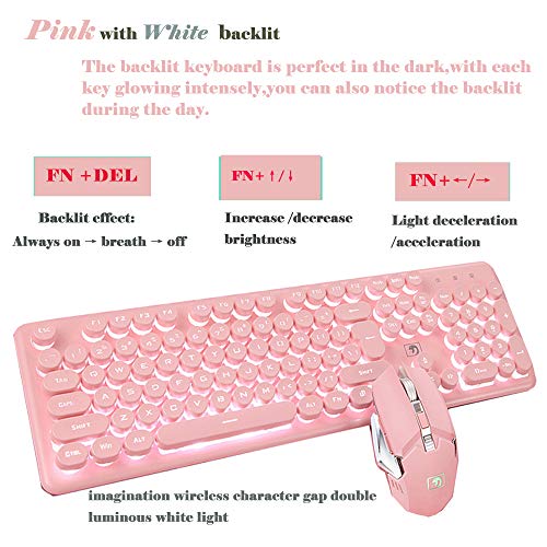 Gaming Keyboard And Mouse,Soke-Six 2.4G Wireless Retro Punk Typewriter-Style Backlit Keyboard Mice Combo,4800Mah Battery,Mechanical Feel,Anti-Ghosting,Crystal Panel Round Keycaps (Pink+White Light) #TOP3