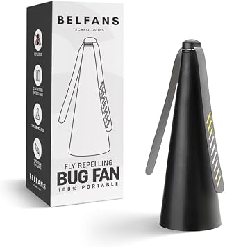 Belfans FlyRepellent Fan for Tables AA Battery/USB Powered, Soundless Fly Swatter with Holographic Blades Portable Fly Fan for Bees, Wasps & Outdoor Use 1, Black