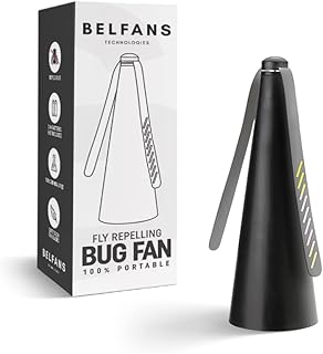 Belfans FlyRepellent Fan for Tables – USB Powered/AA Battery Powered, Soundless Fly Swatter with Holographic Blades – Portable Fly Fan for Bees, Wasps & Outdoor Use (1, Black)