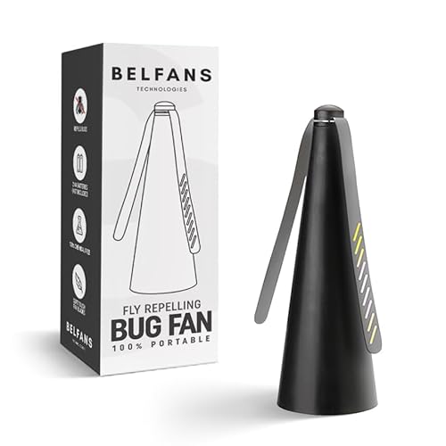 Belfans FlyRepellent Fan for Tables – USB Powered/AA Battery Powered, Soundless Fly Swatter with Holographic Blades – Portable Fly Fan for Bees, Wasps & Outdoor Use (1, Black)
